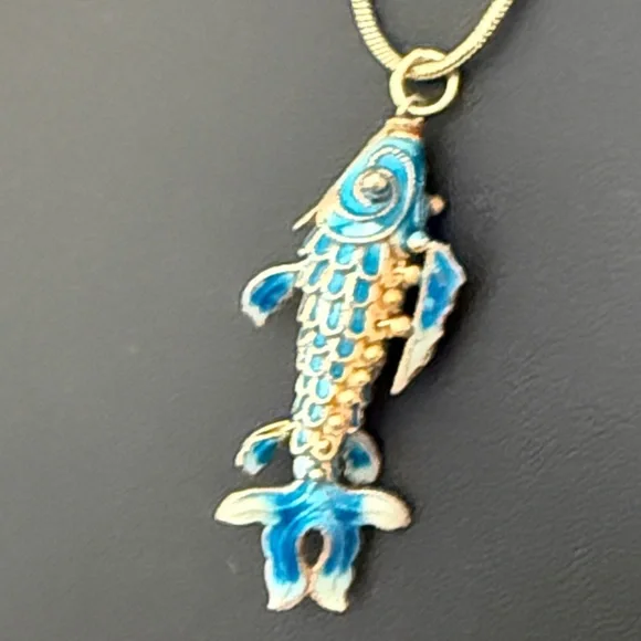 Cloisonné Articulated Koi Fish Pendant With Blue Enamel Necklace - Picture 3 of 3
